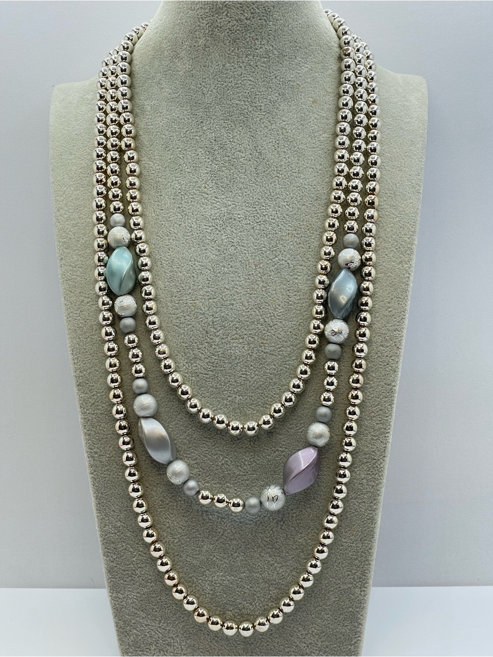Vintage Silver Tone Multi Strand Lucite Beaded Statement Necklace Art Deco Bold